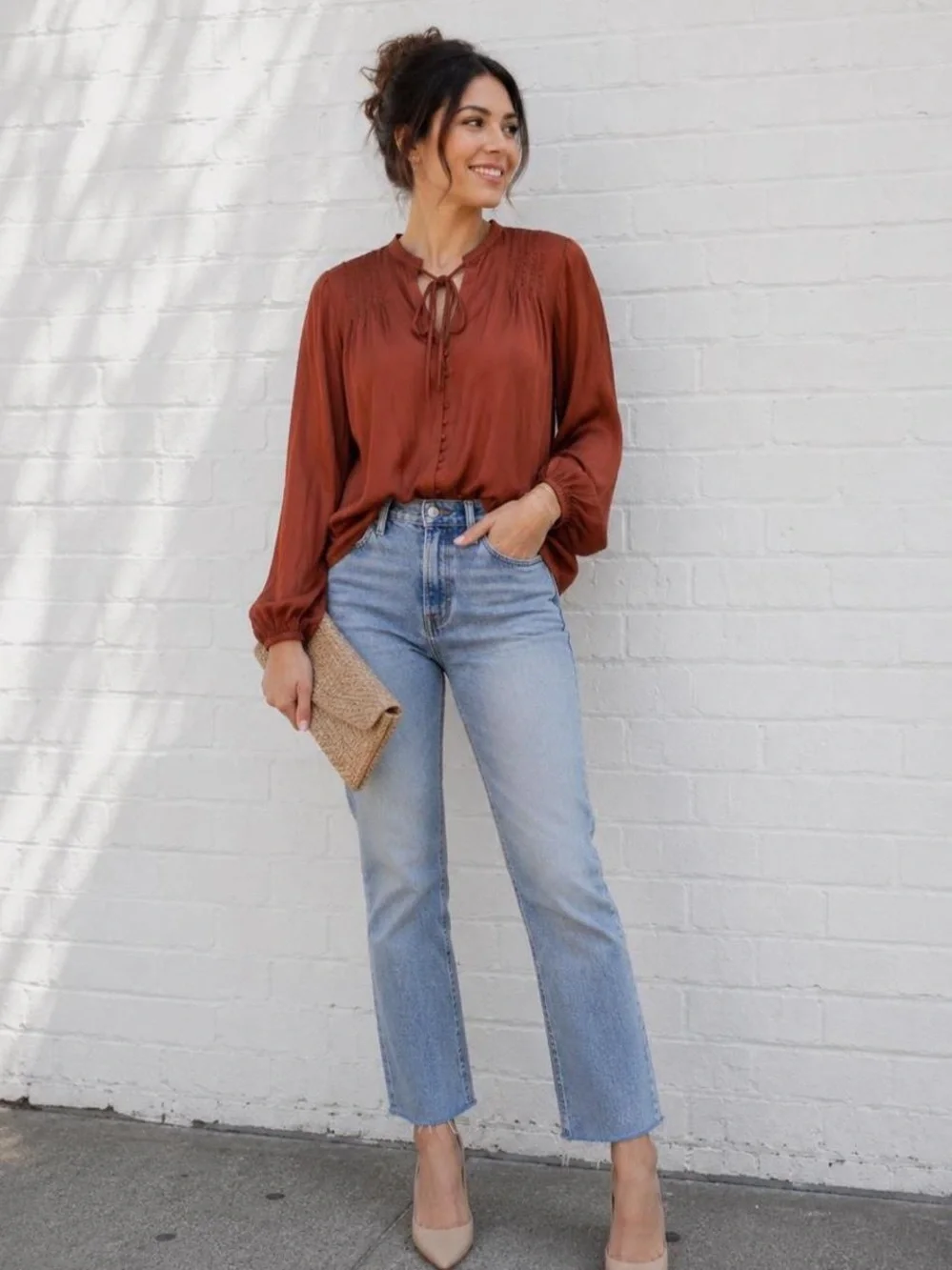 J. Crew Rust Red Tie-Neck Long-Sleeve Blouse